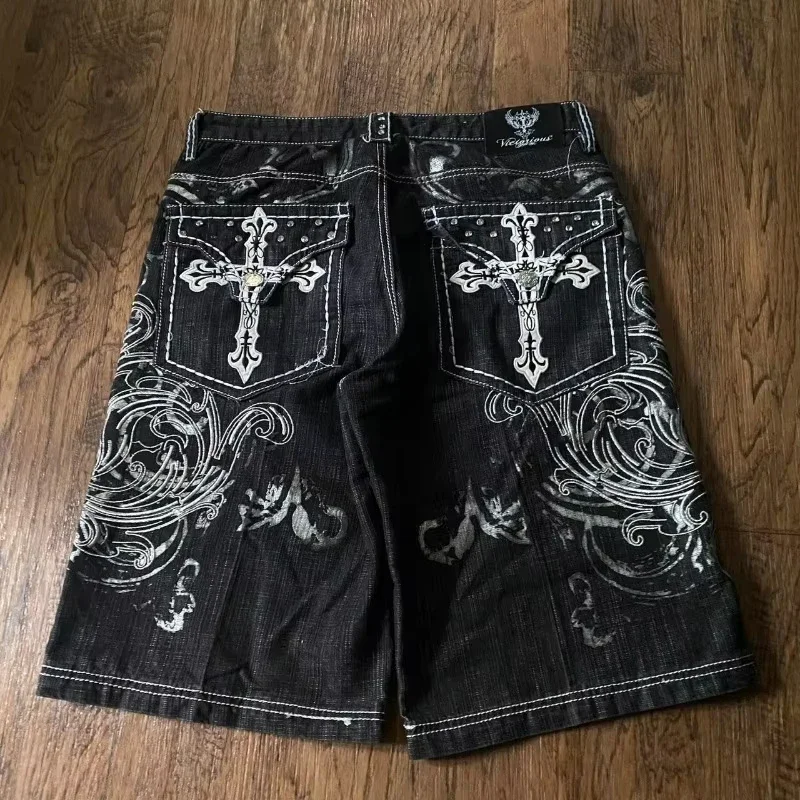 Grunge Denim Shorts Mens Y2K Emo Streetwear Baggy Graphic Jean
