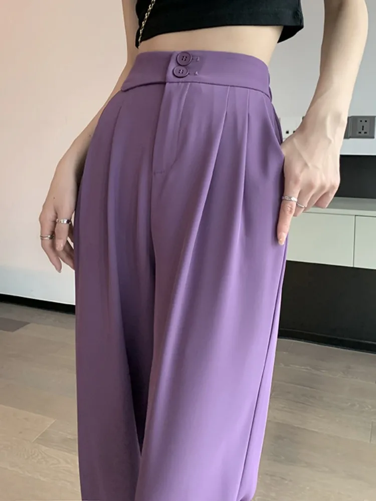 

Spring Summer Button Purple High Waist Wide Leg Women's Suit Pants 2023 New Casual Loose Straight Office Full Length Trousers