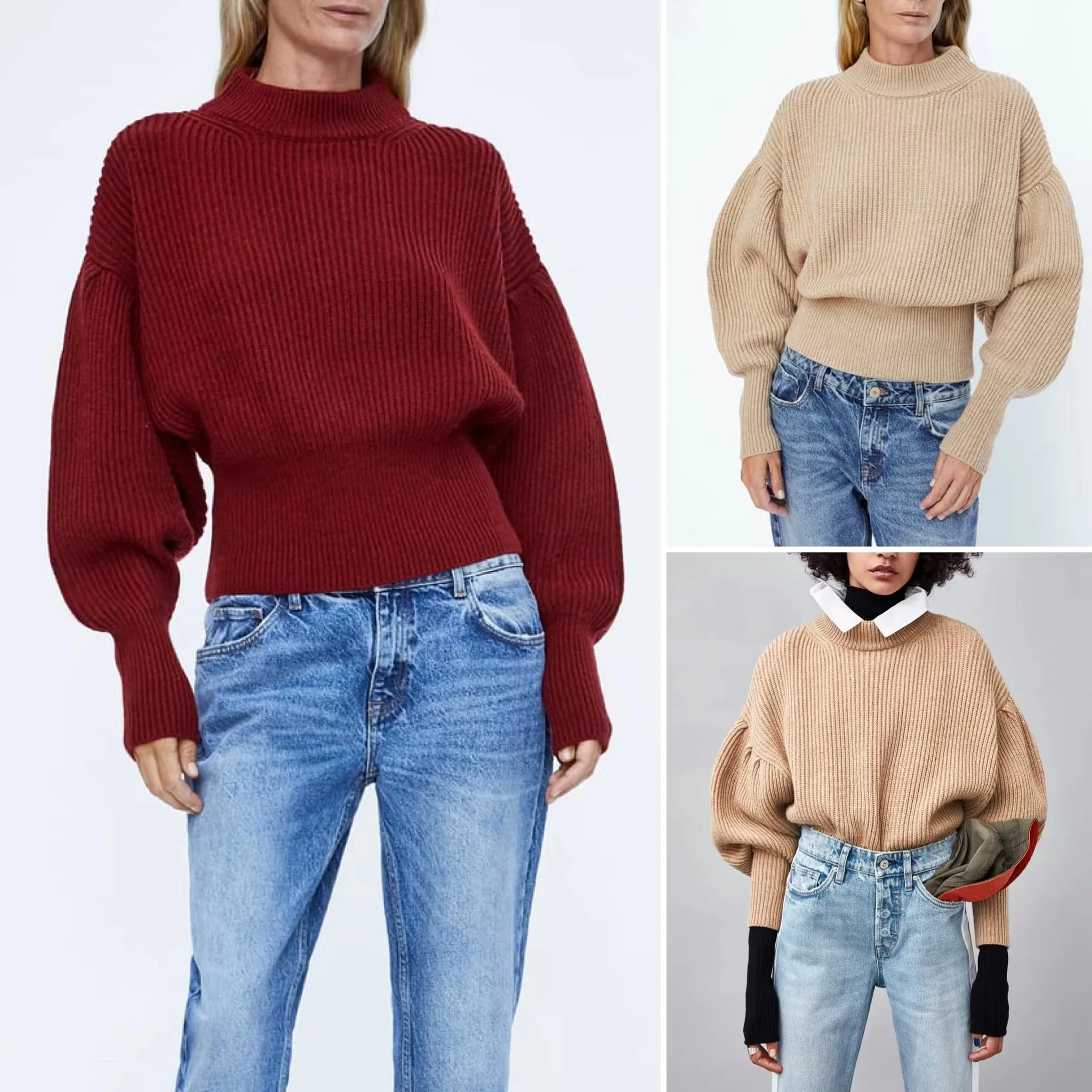 

Women's Cropped Mock Neck Sweater Batwing Sleeve Ribbed Knit Pullover Jumper tops