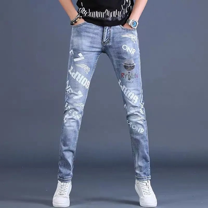 

High Quality Men’s Classic Style Blue Denim Pants,Diamond Embroidery Decors Slim Jeans,Ripped Street Fashion Sexy Pants;
