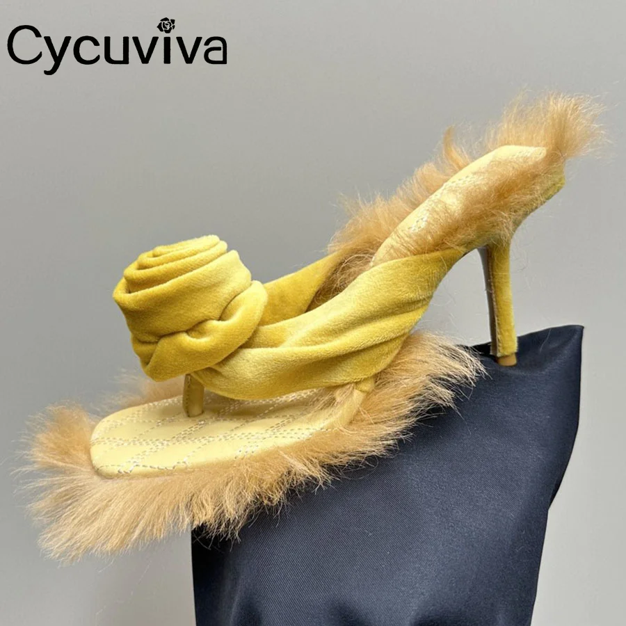 

Sexy Flipflops High Heel Slippers Women Real Fur Flower Decor Modern Sandals Women Designer Nightclub Party Shoes Women Sandals