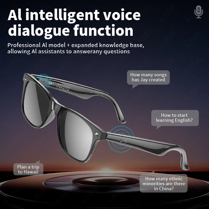 LIGE Smart Bluetooth Call Sunglasses Men Women Glasses AI Intelligent Translation Fashion Smart Glasses Voice Assistant Music