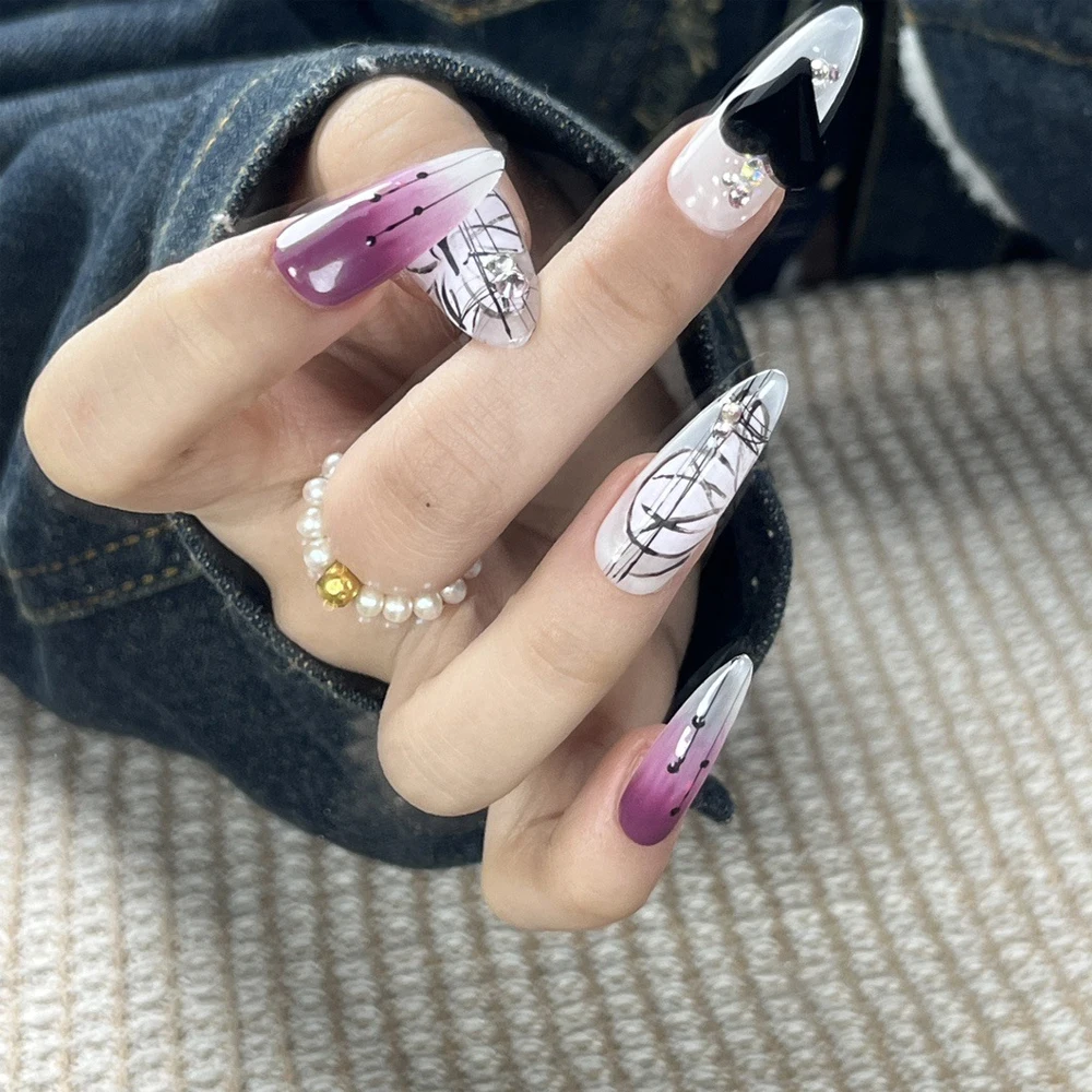 10 Purple Fake Nail y2k Handmade Press On Nails Cool Luxury Black Diamond Butterfly Drawing Full Cover Tips Artificial Manicure