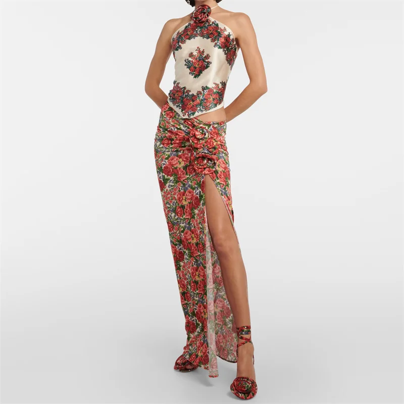 

Женская юбка весна 2024, Женская юбка-карандаш с 3D цветочным рисунком, юбка-годе с разрезом и принтом роз, облегающая юбка-карандаш с завышенной талией