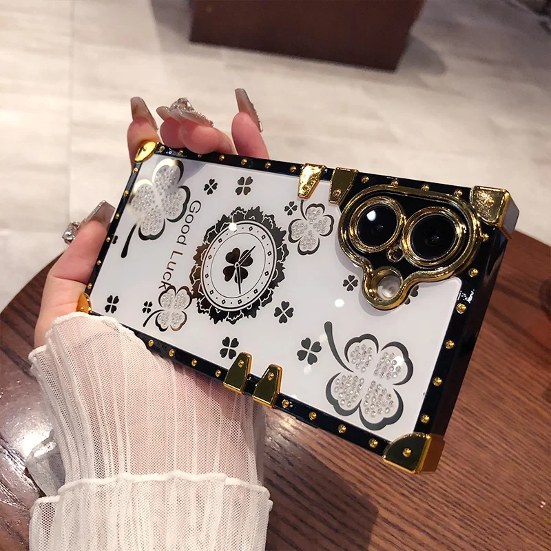 Glitzernde Retro-Diamant-Strass-Quadrathülle für iPhone 16 12 13 14 15 Pro Max 16pro Weiche Silikonbeschichtung Stoßfeste Hülle_voghion.com
