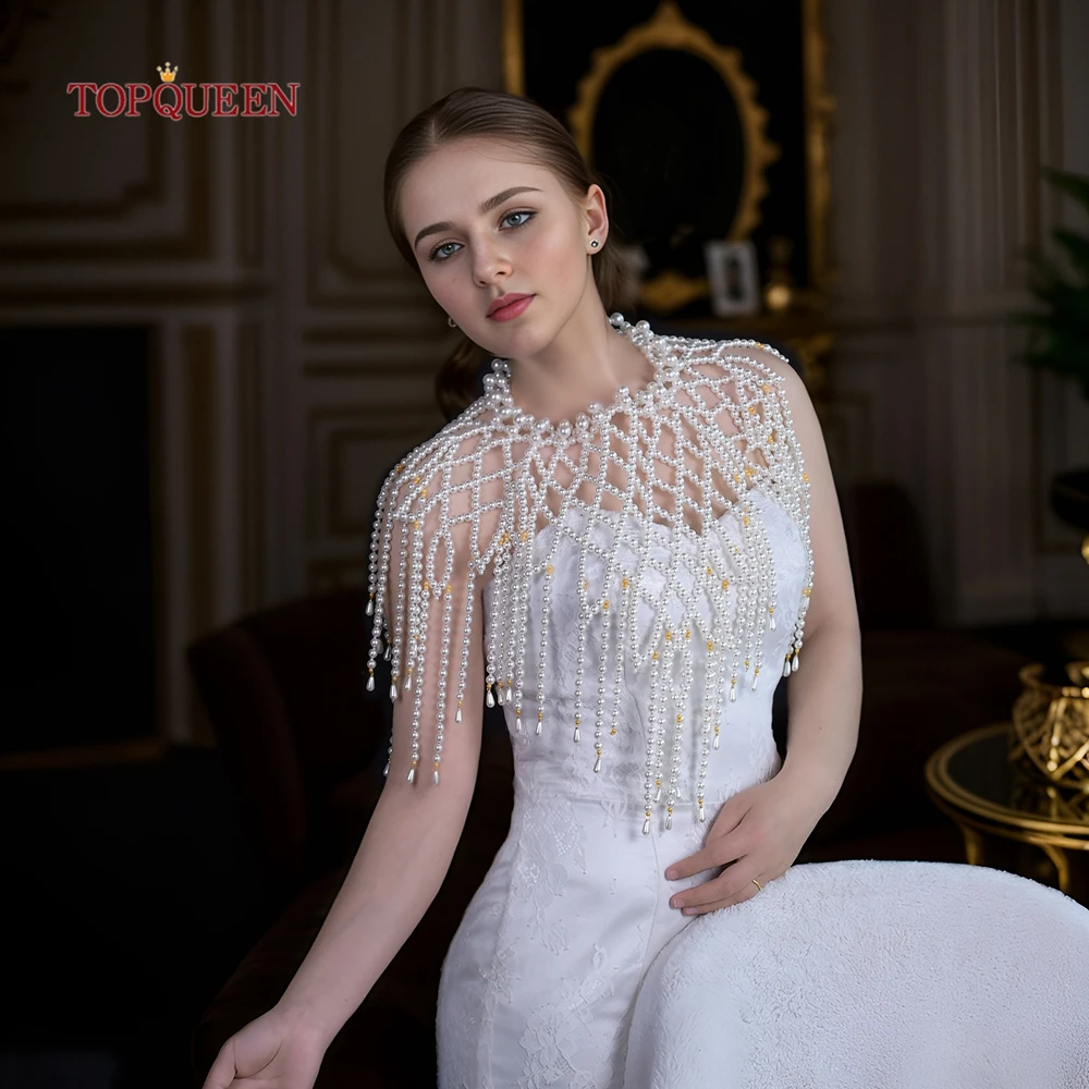 

TOPQUEEN Bride Elegant Pearl Fringe Shawl White sleeve for Shawl For Wedding Women's Evening Bolero customizable VG42