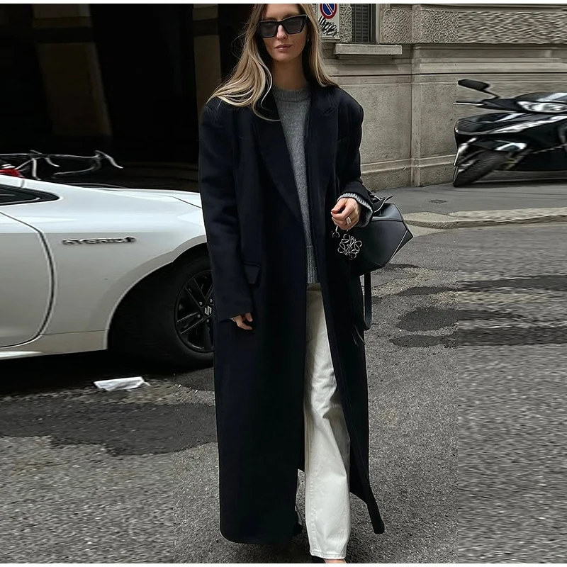 Damen-Maxikantel aus eleganter Wollmischung, übergroßes Revers mit gekerbtem Revers, warme Herbst-Winter-Oberbekleidung, schickes weibliches minimalistisches Outfit – Detail 8