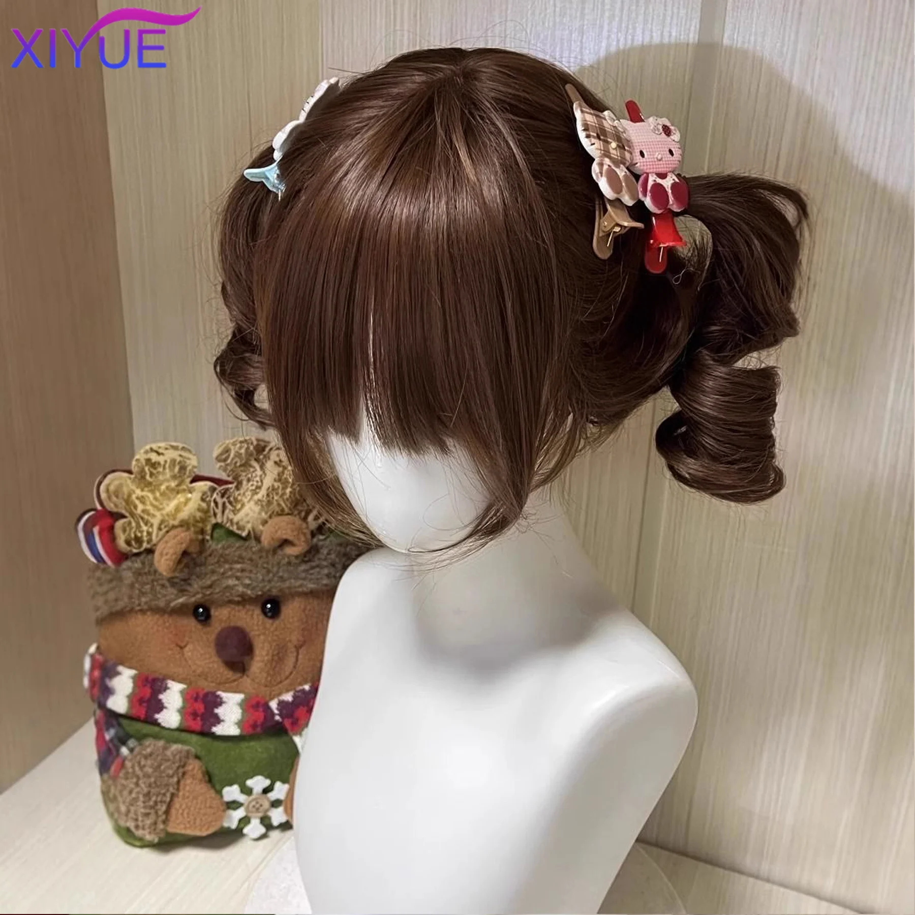 Black Twin Ponytail Princess Cut Natural Short Hair Synthetic Wigs With Bangs For Women Heat Resistant Cosplay Lolita Hair ﻿
