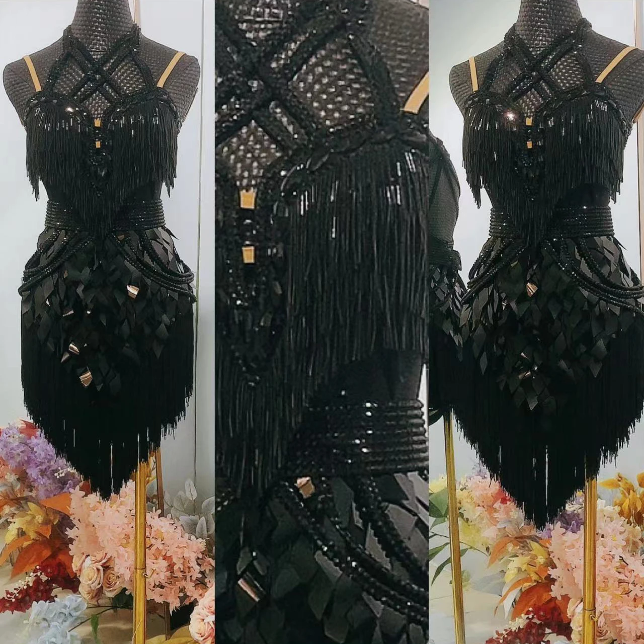 Latin Dance Handmade Tassel dress Diamond Silk Fabric Colorful Diamond Gold  Belt Sequin Hem High-end Custom Stage Clothing - AliExpress 200000532