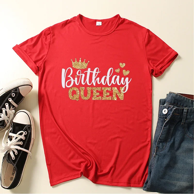 

Short Sleeves Pure Cotton Tops Streewear Birthday Queen Crown Print Women T Shirt O Neck Loose Women Tshirt Ladies Tee Clothes