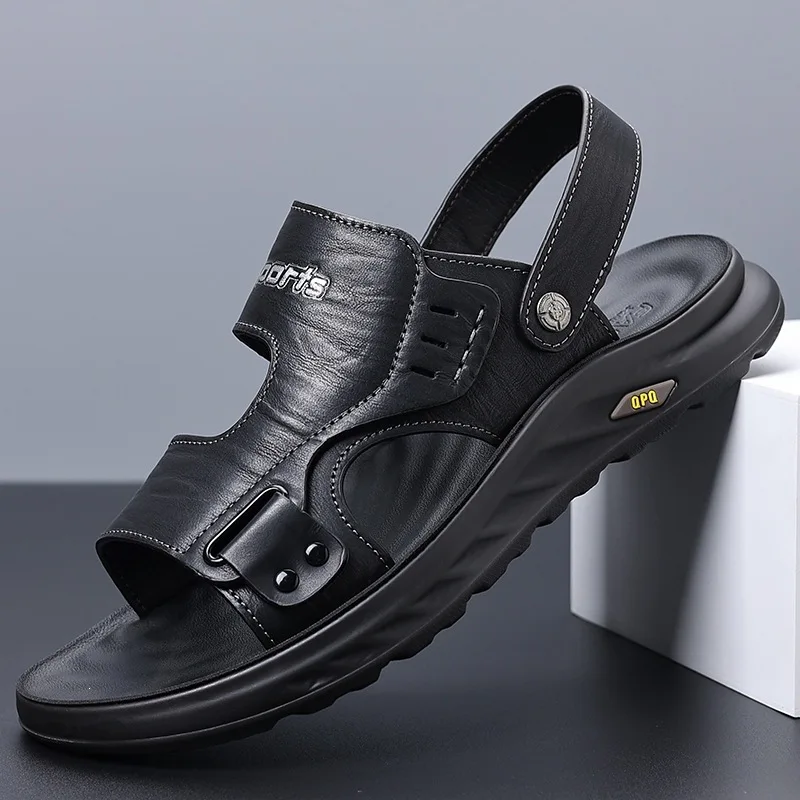 Men's Summer New Layer One Cowhide Sandals Breathable Beach Shoes Two-Way Wearable Slip-On Soft Bottom Leather Slippers