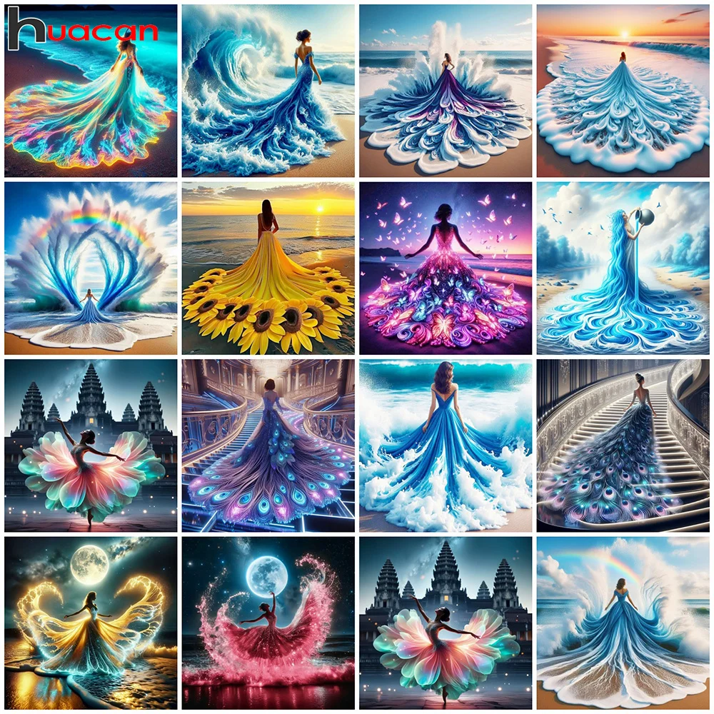 Cross Stitch Kit Woman With 11ct Printed Canvas DIY Embroidery Landscape Evening Dress Beach