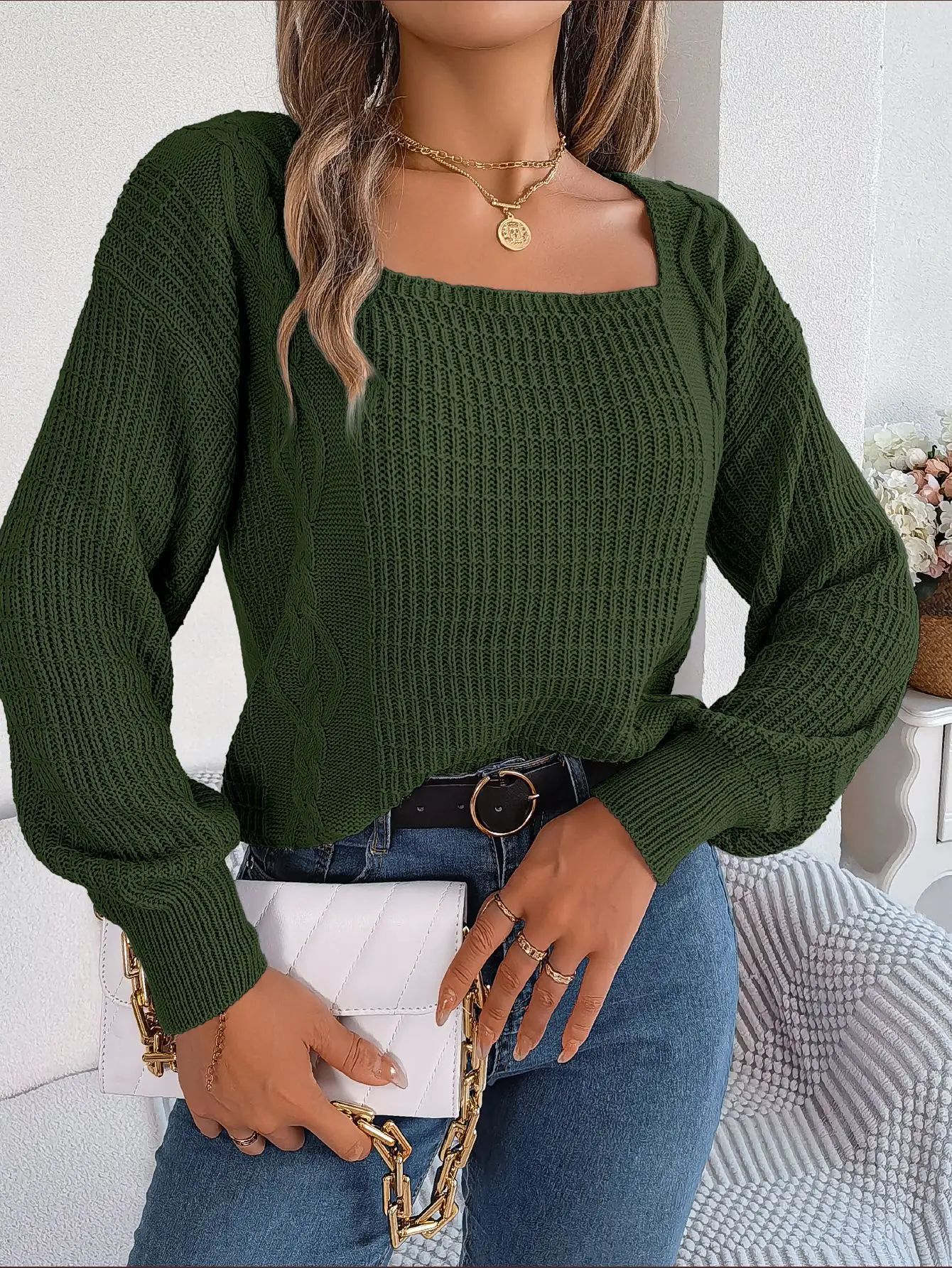 

Autumn/Winter Women's Solid Casual Square Neck Long Sleeve Pullover Sweater Fashion Loose Hook Flower Knitting Streetwear S-L
