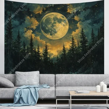 Tapisserie de lune psychédélique, arbre de forêt, tenture murale pour plafond de chambre à coucher, salon esthétique, dortoir d'université, décor Hippie 1