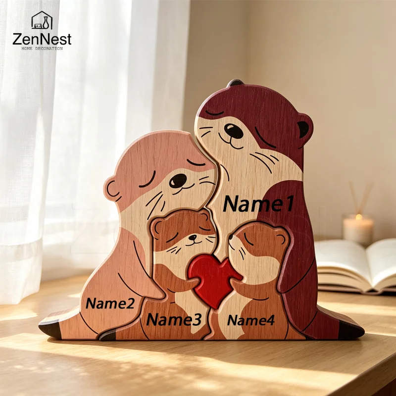 Charming Otter Family Wooden Puzzle Ornament with Red Heart - Perfect for Home or Office Décor and Thoughtful Gift