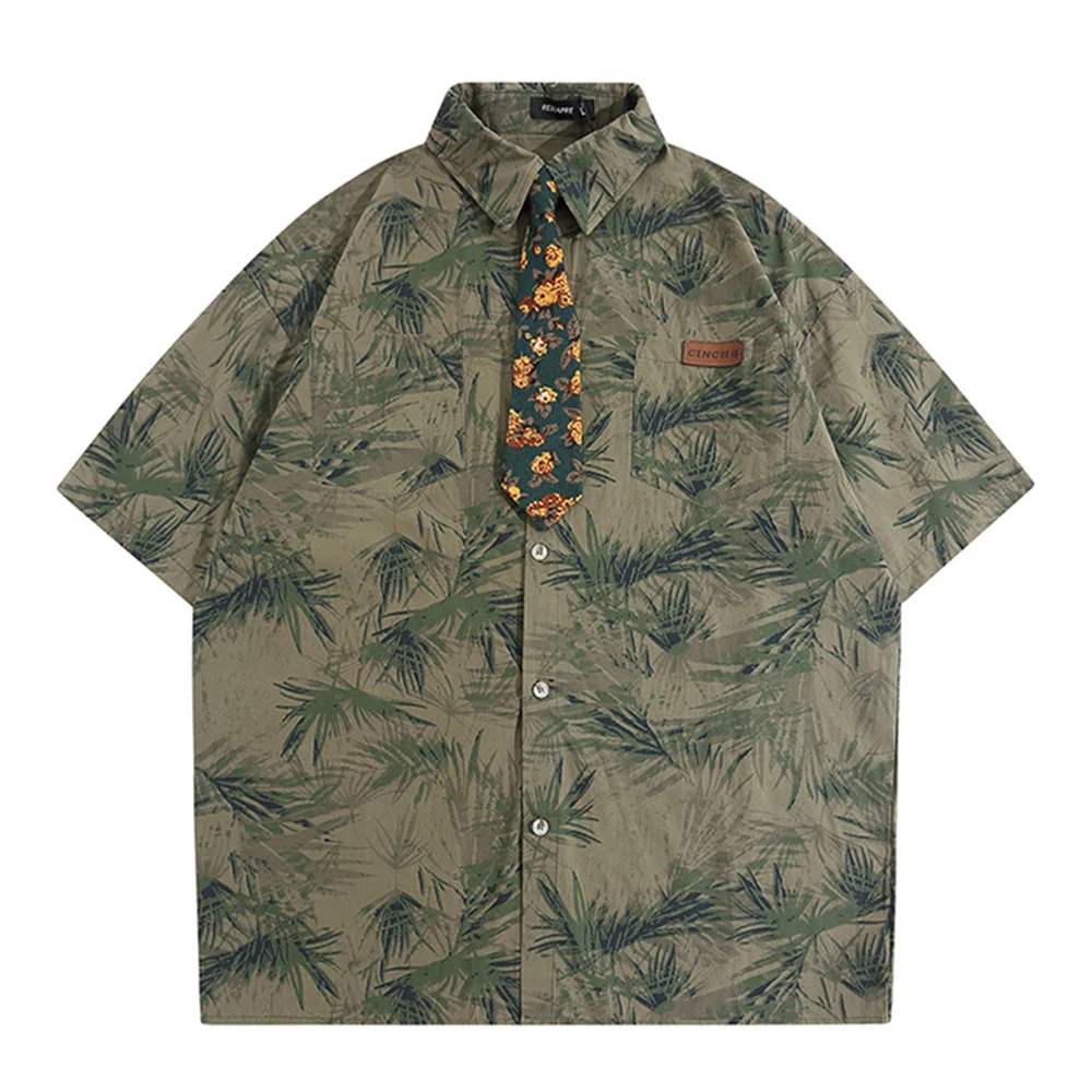 

Turn-down Collar with Flower Tie Preppy Style Shirts Men Full Printing Men's Shirt Short Sleeve 2023 Summer Outerwear Clothing