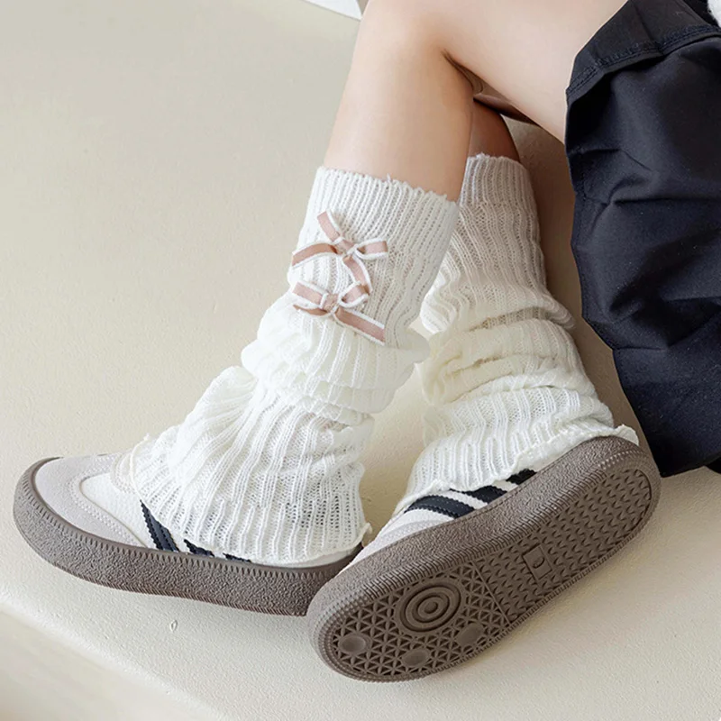 Korean Calf Knee High Long Leggings Sock for Kids Girls Bow Rabbit Ears Children Pile Stockings Cotton White Black Leg Warmers