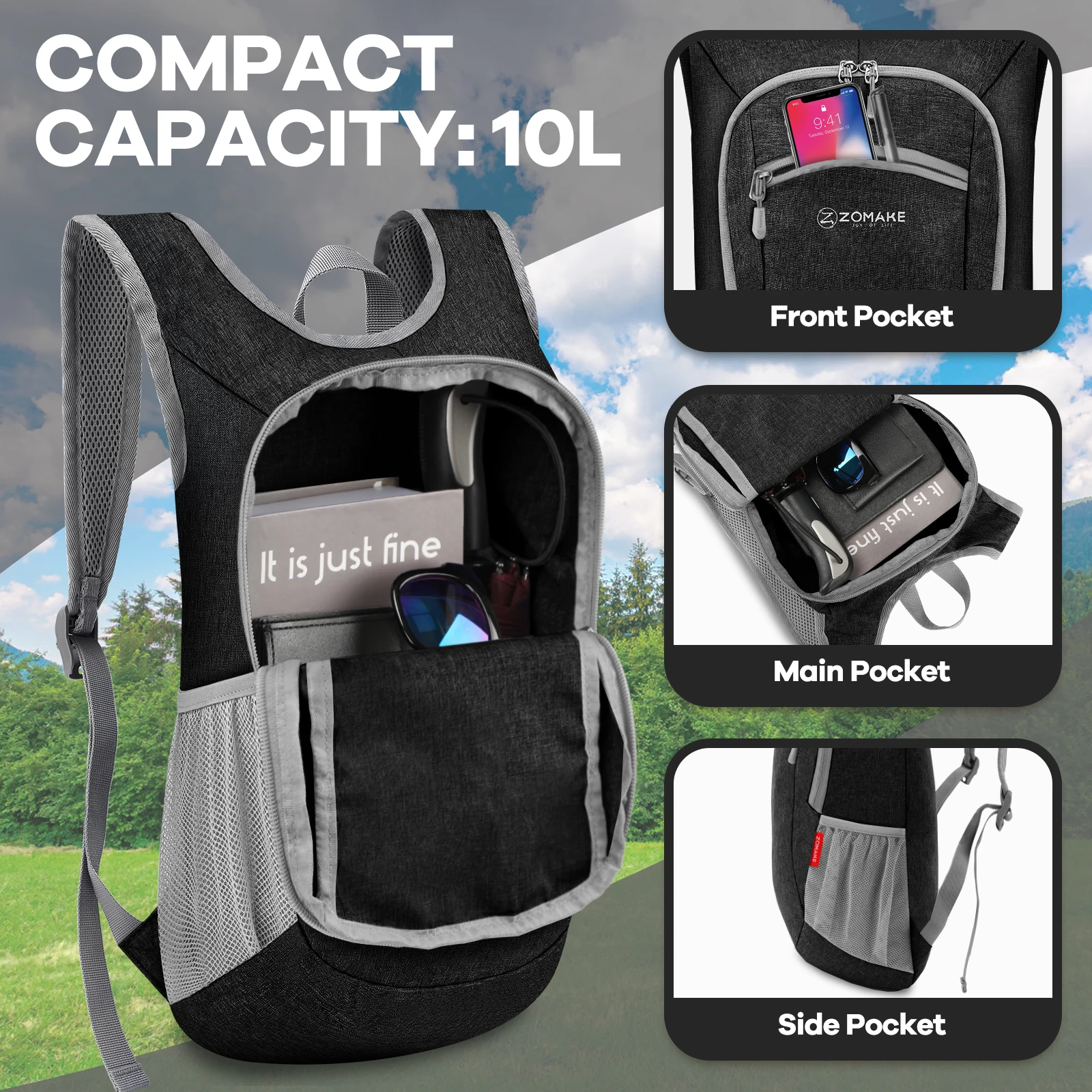 ZOMAKE 10L Lightweight Waterproof Backpack Travel Leisure Unisex Backpack Foldable Portable Waterproof Camping Hiking Knapsack