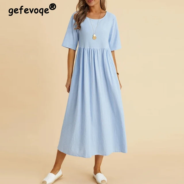 Women Vintage Cotton Linen Breathable Midi Dress Y2K Summer Fashion Half Sleeve Solid Casual Dresses High Waist Elegant Vestidos 1