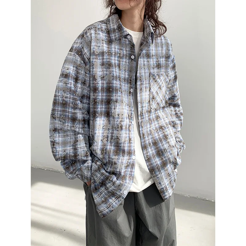 

Fashion Distressed Plaid Shirts Blouses Women Spring Purple Office Lady Loose High Street Shirts Cotton Long Sleeve Blouses 2024