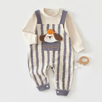 ملابس أطفال قطنية لطيفة مكونة من قطعتين من الرسوم المتحركة لخريف وربيع مع بنطال بحمالات وتي شيرت بأكمام طويلة مناسب لعمر 0-2 سنة