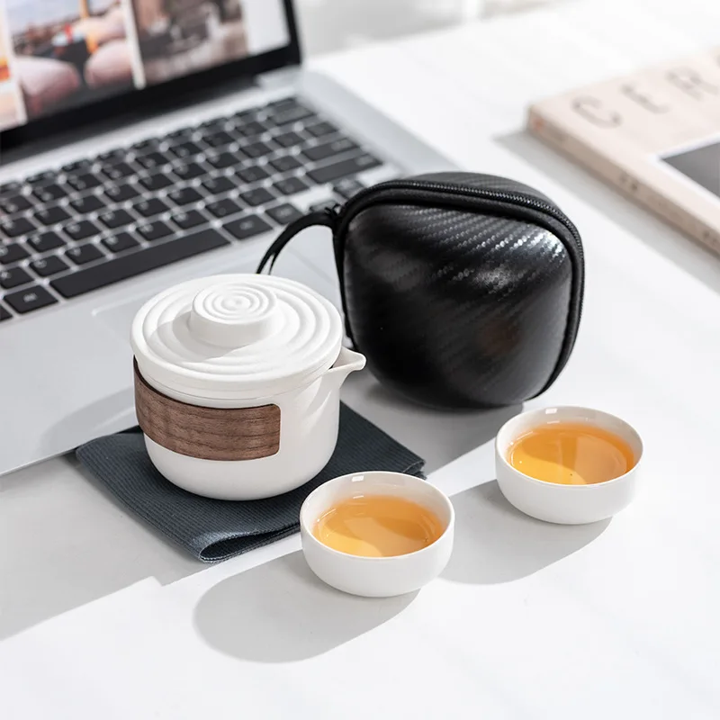 Travel Tea Set, Ceramic Quick Cup Portable One Pot and Two Cups