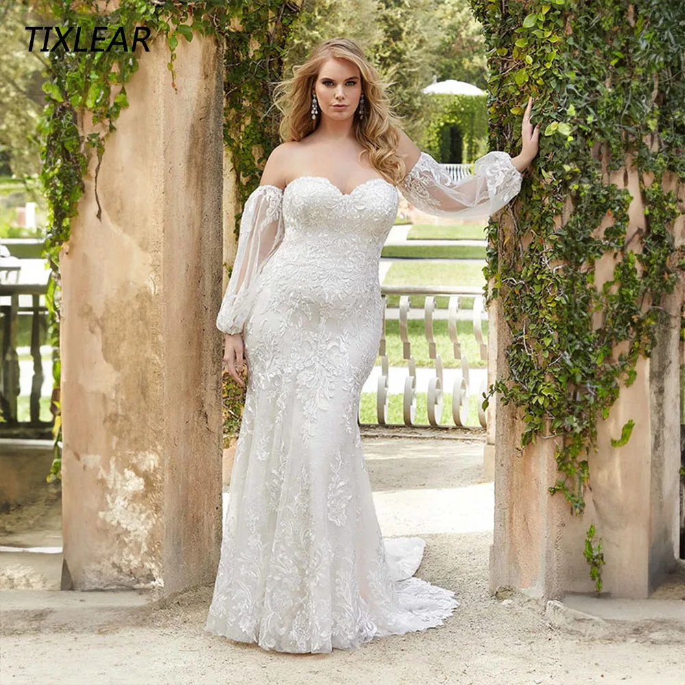 

TIXLEAR Plus Size Wedding Dresses Sweetheart Puff Sleeves Lace Appliques Backless Bridal Gowns Floor Length Vestido De Novia New