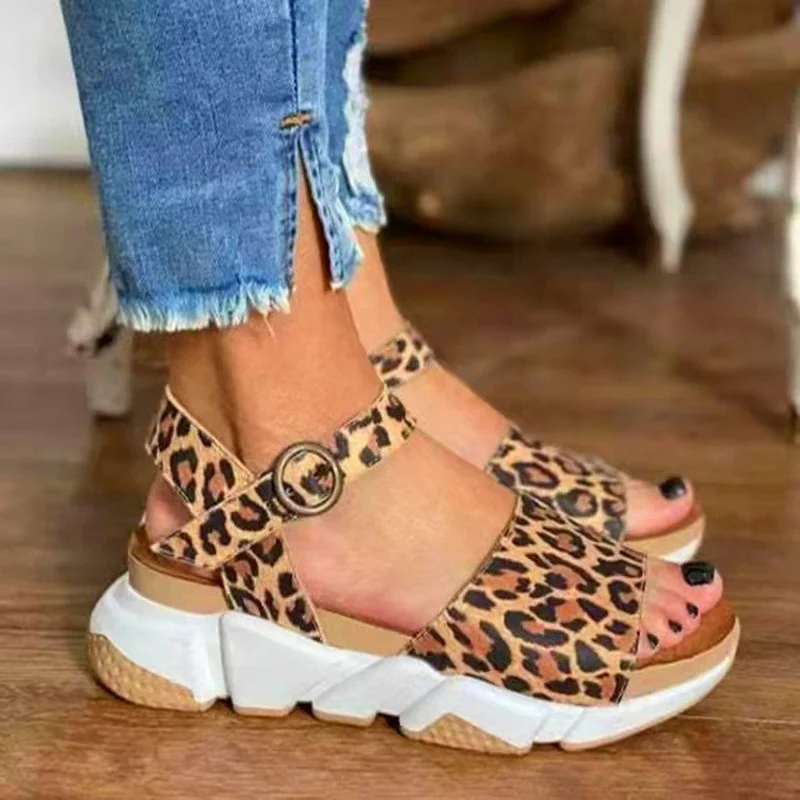 Atikota Summer Women Platform Sandals Elegant Female Outdoors Ankle Buckle Casual Shoes Lady Large Size Leopard Sandal 2022 New 