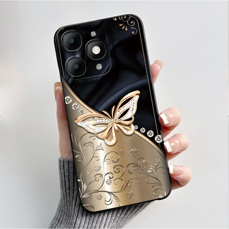 Luxury Fashion Black Soft TPU Silicone Case with Floral and Butterfly Design