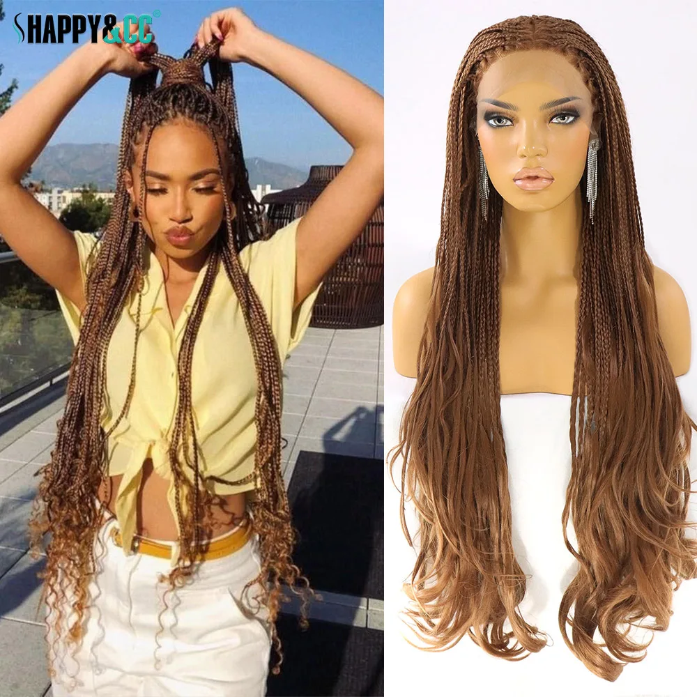 Boho Box Braid Wigs Curly Ends Square Part Braided Lace Front Wigs Pre  Plucked With Baby Hair For Women Blonde Box Braided Wig - AliExpress