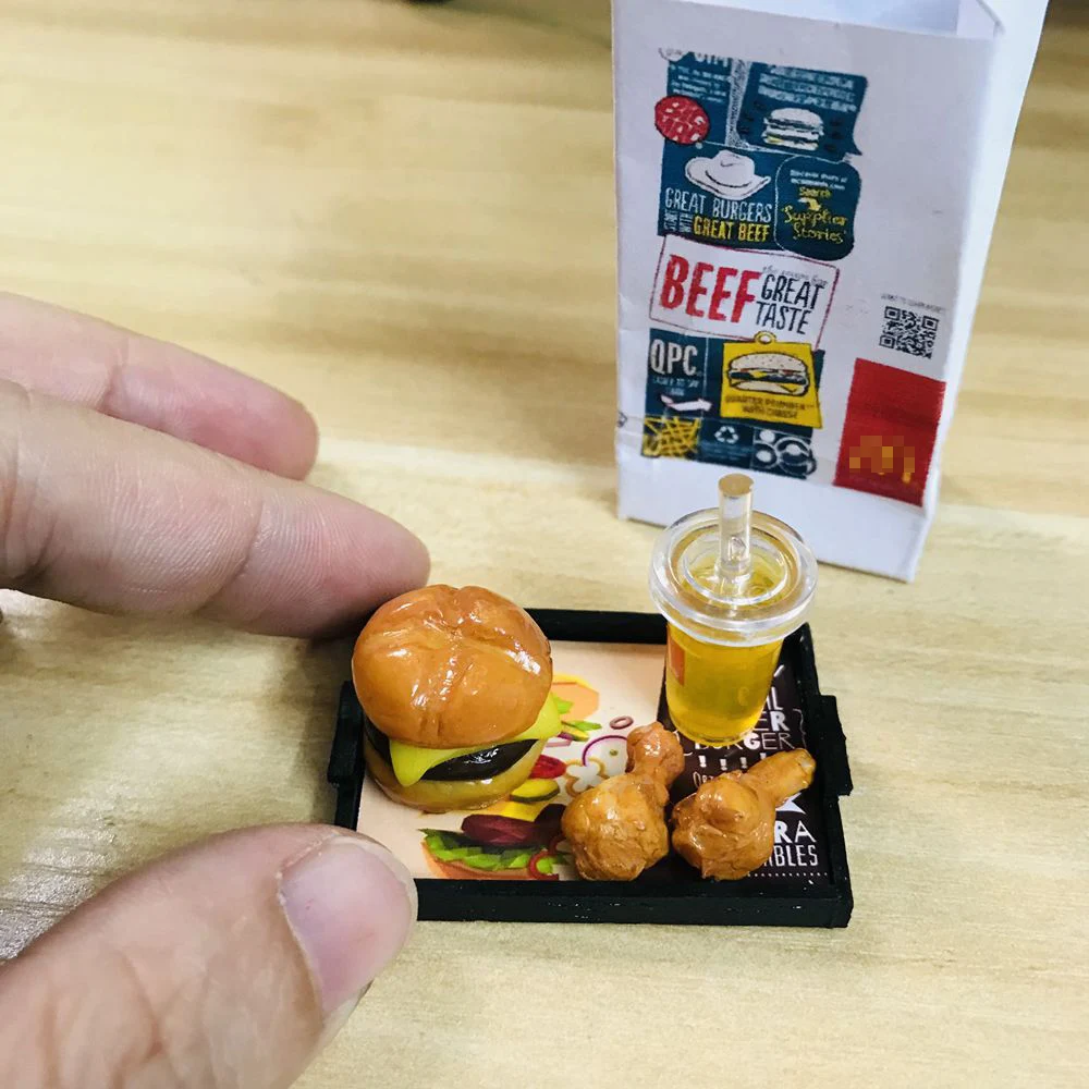 1 Set 1/6 Scale Dollhouse Miniature Hamburger Mini Fried Chips Coke Pretend Kitchen Food Toys for Doll House