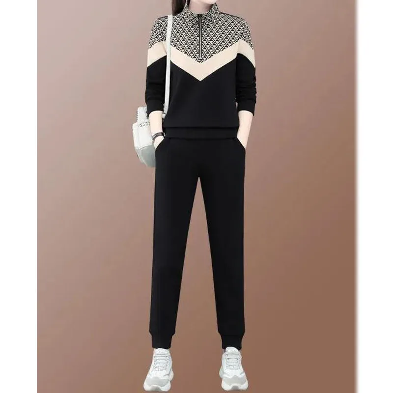 

Spring and Autumn Casual Women's Spliced Standing Neck Pullover with Zipper Printed Loose Fit Long Sleeve Fashion Two Piece Sets