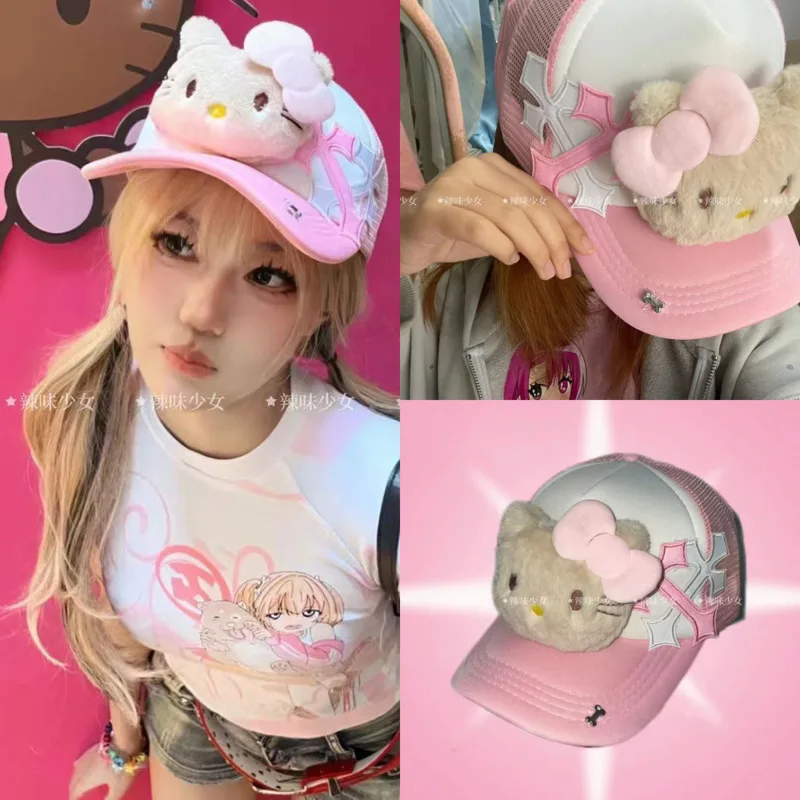 

Y2K Brown Leather Hello Kitty Baseball Hat 2024 Kawaii Punk Cartoon Alphabet Numeric Child Leisure Sun Hat Outdoors Unisex Hat