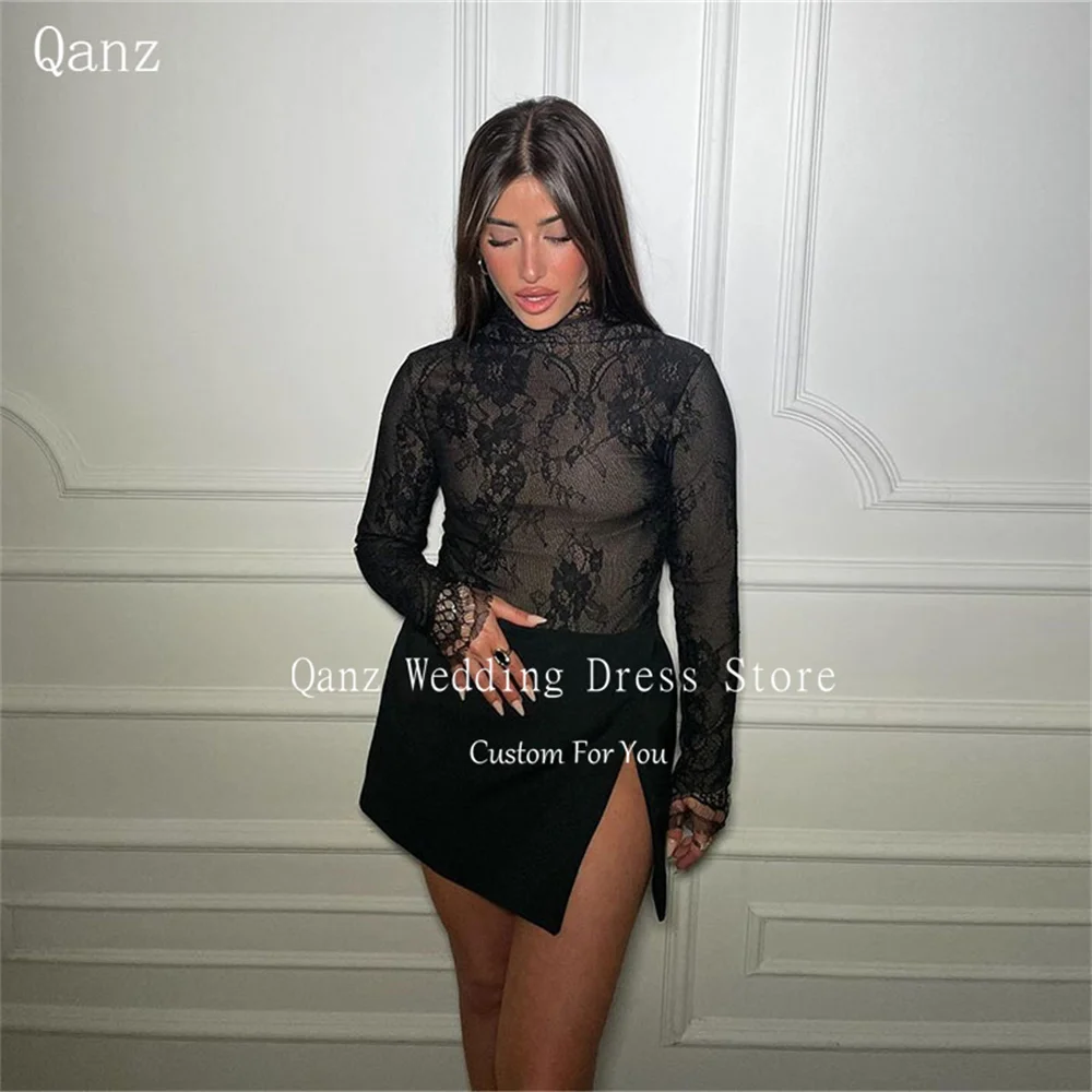 

Qanz Sexy High Quality Prom Dress 2024 High Neck Black Lace Short Birthday Dresses Luxury Mermaid Long Sleeves Cocktail Dresses