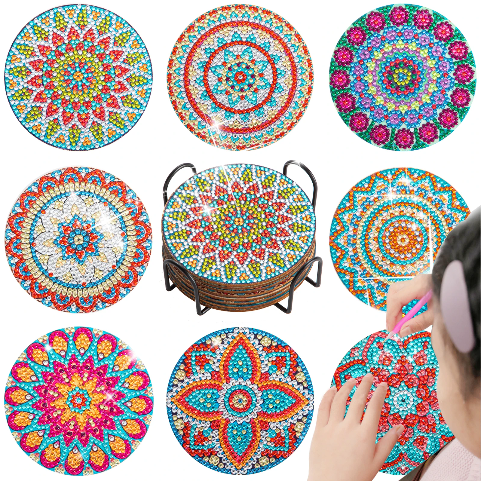 

CHENISTORY 8Pcs Diamond Painting Coaster Set Mosaic Cup Mandala Flowers With holder Rhinestones Paintings Decor