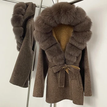 OFTBUY 2025 Moda Lusso Abiti Invernali Donna Cintura Con Cappuccio Giacca di Lana Vera Pelliccia di Volpe Cappotto di Lana Femminile Cappotto di Pelliccia Naturale Della Signora 1