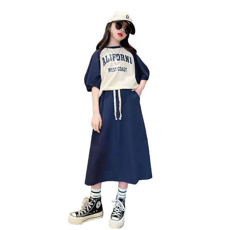 

Chic Big Girls Clothing Sets Summer New Letter T-shirt Long A-line Skirt 2 Pcs Fashion Clothes for 4-16 Years Teenage Kids