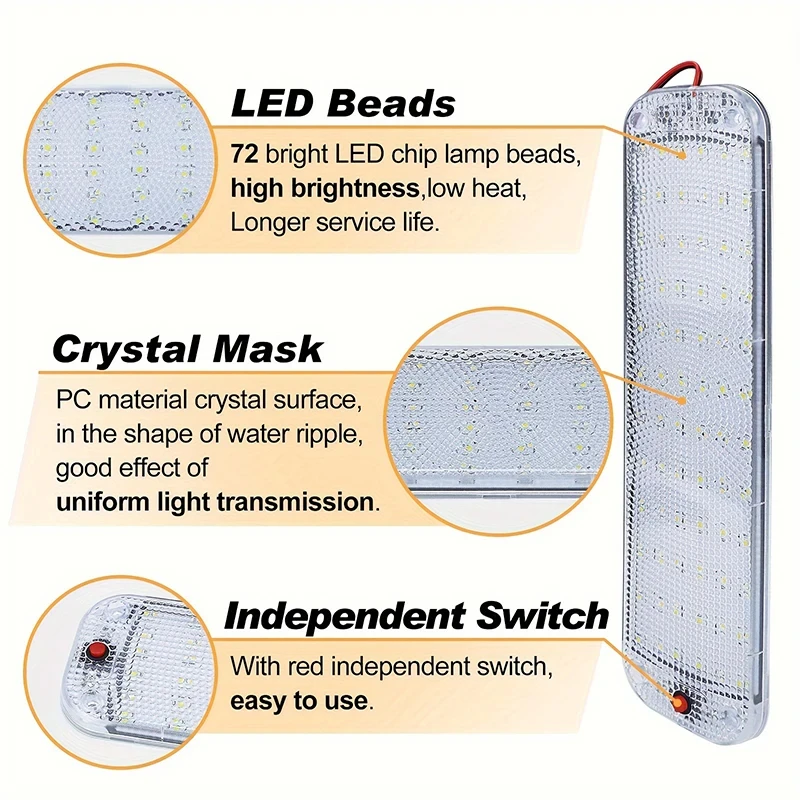 12V-80V 72LED 실내 조명 바 스트립 라이트 스위치 포함 LED 자동차 실내 램프 조명 캠퍼 버스 모터홈 보트 루프 라이트