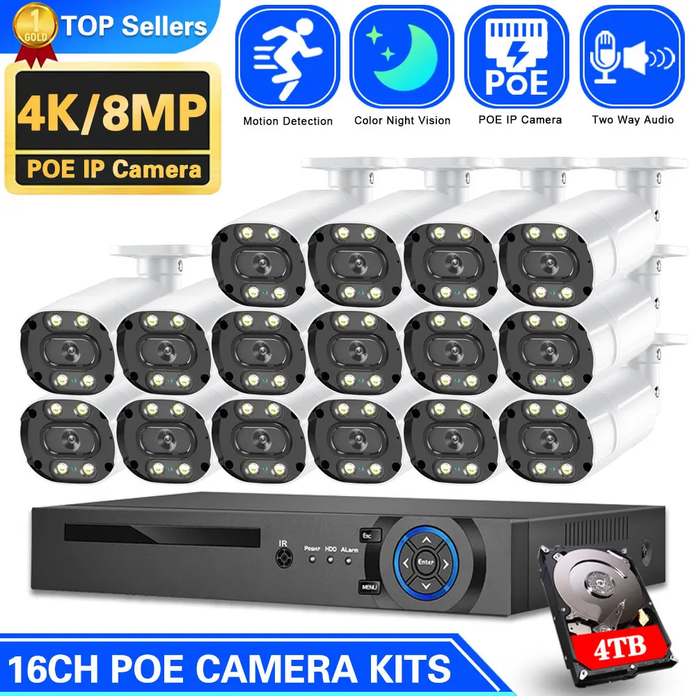 

4K POE Security Camera System 8MP Ultra HD 16CH NVR Two Way Audio Color Night Vision Outdoor CCTV Video Surveillance Cam Set