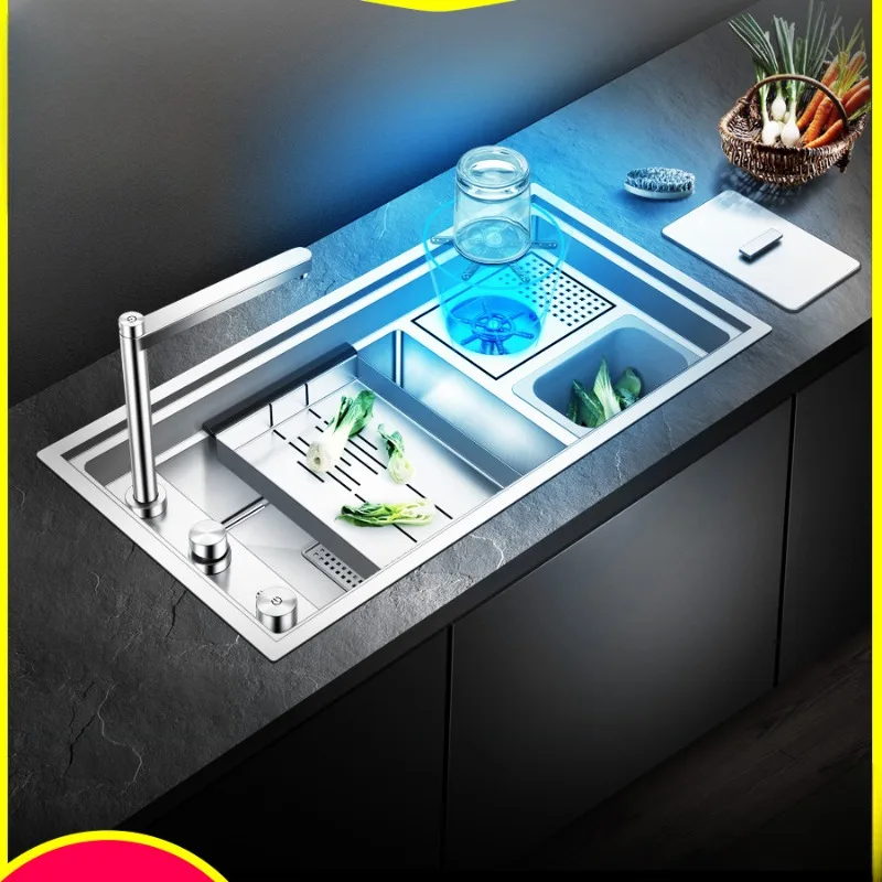 

Kitchen stainless steel lift faucet hidden flat plate sink high pressure cup washer trash can