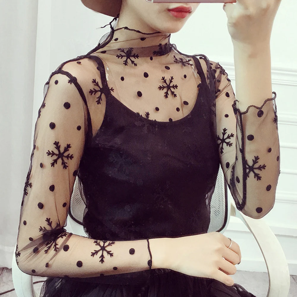 

New Fashion Top Women Sexy sheer Fishnet See Through Transparent Top Lace Top Blouse Mesh Shirt Women tops mesh Blouses Shirt