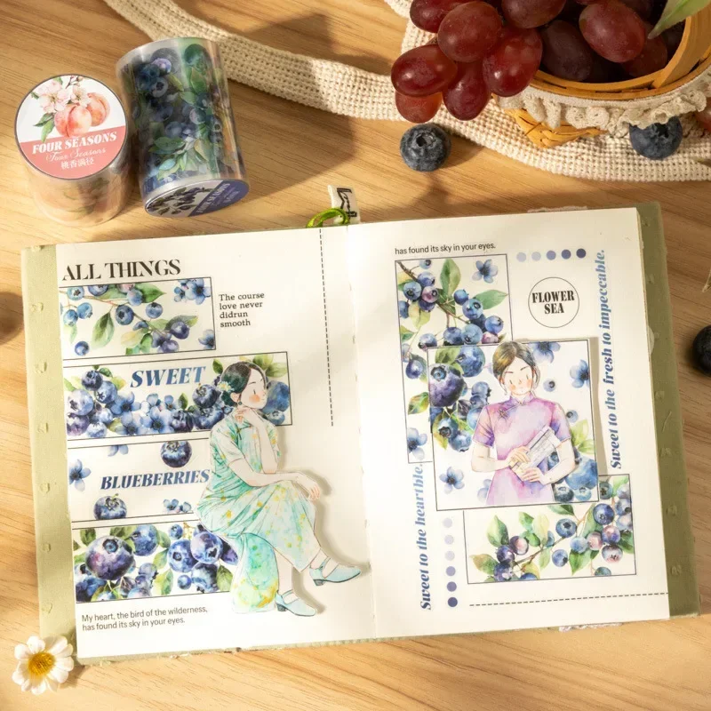 1 롤 컬렉션 핸드북 테이프 용 콜라주 소재 스크랩북 컷 용품 PET 과일 테이프 꽃 포도 2M 접착제 55mm * 2m