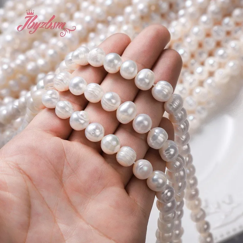 

9-10,10-12mm Nearround 100% Real White Elegant Freshwater Pearl High Punch Beads for DIY Necklace Bracelet Jewelry Making 14.5"