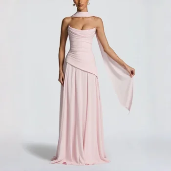 Blush Pink Halter Dress Women Cowl Neck Ruched Back Lace Up Sleeveless Formal Evening Wedding Guest Bridesmaid Prom Gown Elegant 1