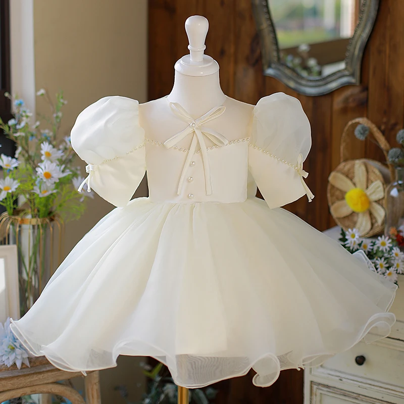 

2-10Y Simple Bow Flower Girl Dress Beading Puff Sleeve O-Neck Princess Evening Dresses Ruffles Prom Gown First Communion Wear