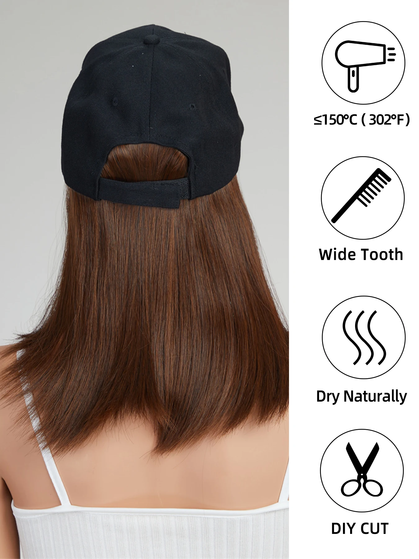 10 Inches Synthetic Straight Hair Extensions With  Black Baseball Cap Wig For Woman Girls Heat-resisting Fiber Casual Daily