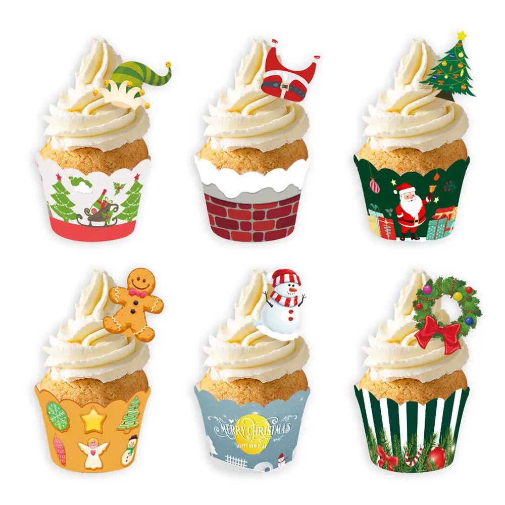 

12pcs/set Christmas New Year Themed Cake Surround Cake Topper Christmas Party Cupcake Inserts Card Dessert Flag Planting Border