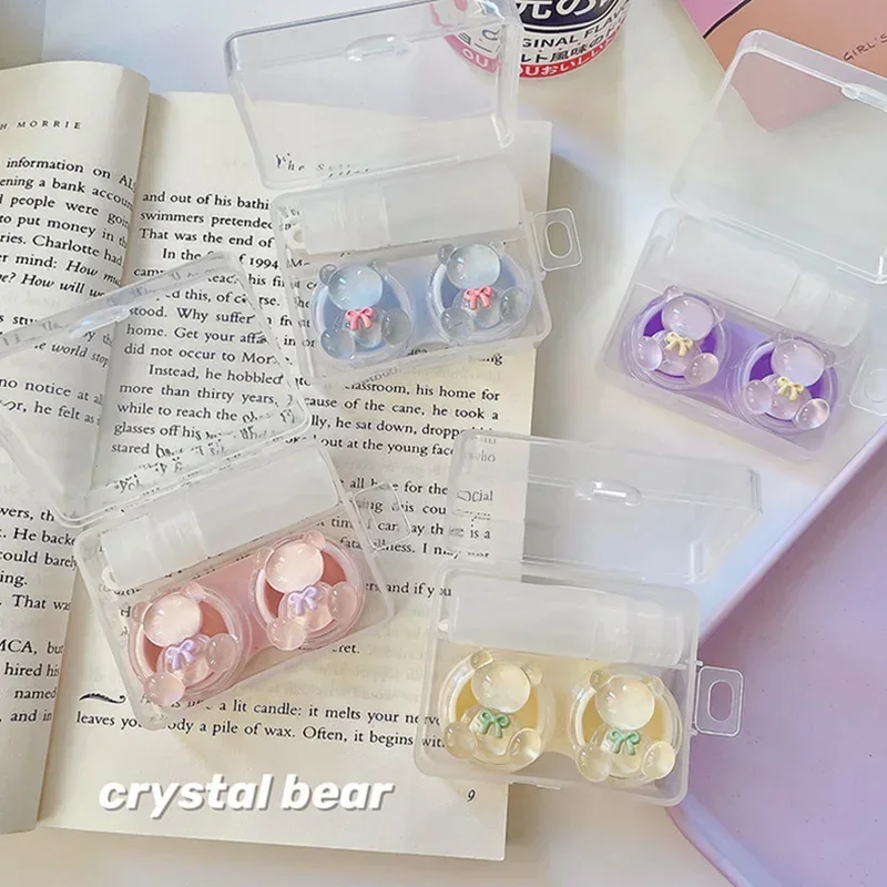 Bling PP Contact Lens Box Container with Tweezer Suction Stick Three-dimensional Crystal Bear Contact Lens Case for Girls