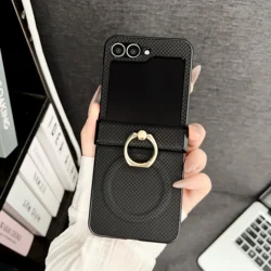 Deluxe Magnetic Phone Case with Ring Stand & Grid Texture - Magsafe Compatible - Galaxy Z Flip5 (Black)