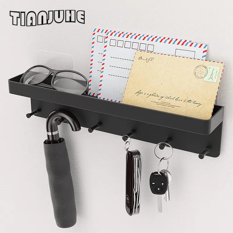 

Key Holder for Wall Decorative with Tray for Hallway Kitchen Farmhouse Decor Stainless Steel Wall Mounted 6 Hooks